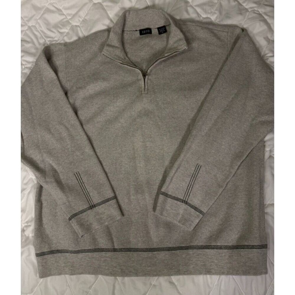 IZOD Mens Mock Neck 1/4 Zip Pullover Sweater XL Grey‎ Cotton Contrast Stitching